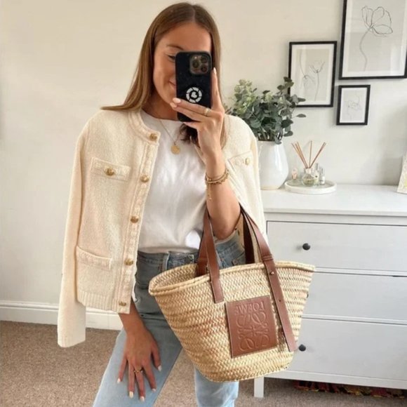 NEW Gold Button Tweed Textured Knit Sweater Cardigan Jacket - Cream Ivory - Picture 1 of 14